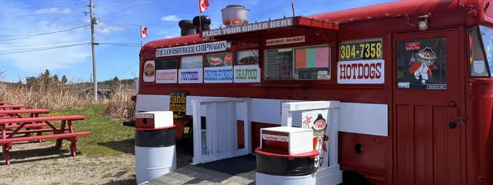 Red food stand with service windows